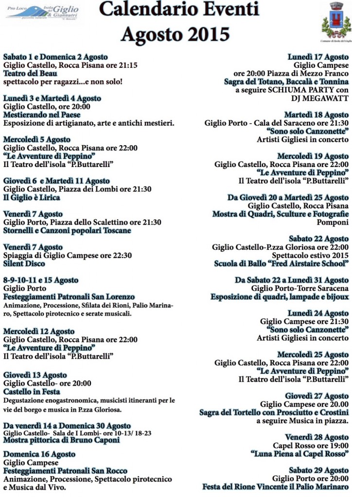 eventi agosto 2015 pro loco isola del giglio giglionews