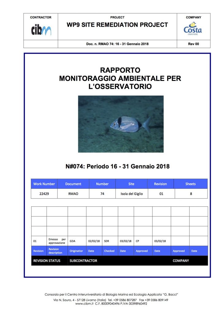 pulizia fondali relazione quindicinale gabbianara costa concordia isola del giglio giglionews