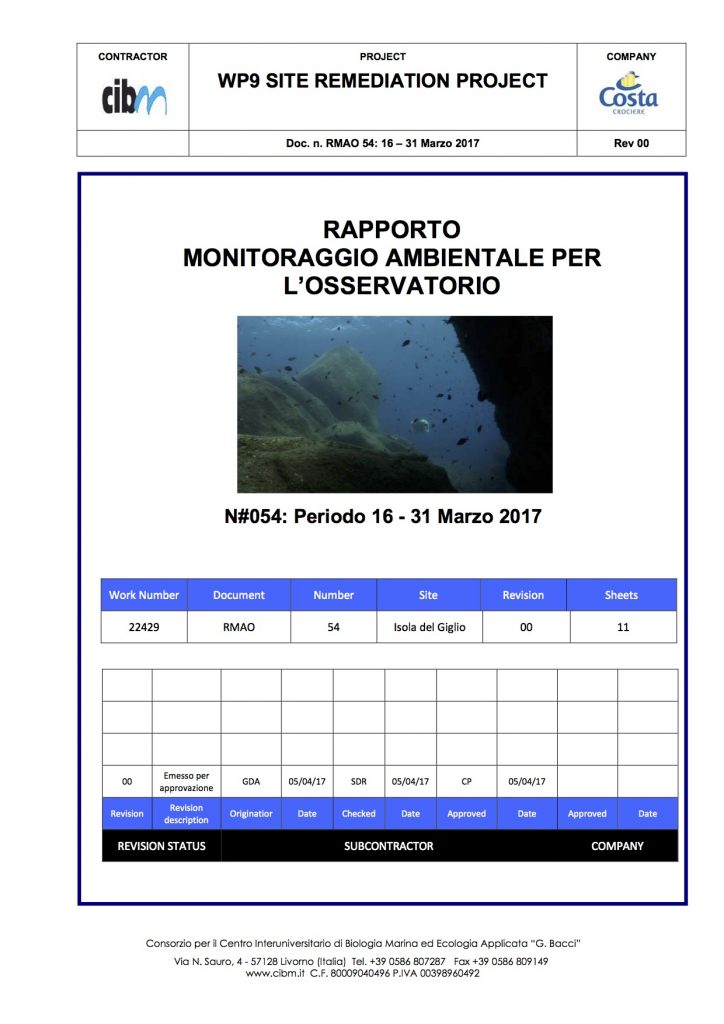 pulizia fondali relazione quindicinale gabbianara costa concordia isola del giglio giglionews