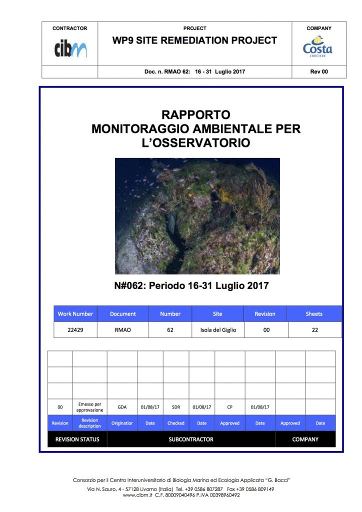 pulizia fondali relazione quindicinale gabbianara costa concordia isola del giglio giglionews