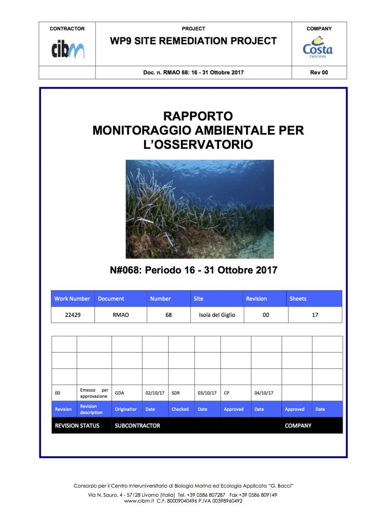 pulizia fondali relazione quindicinale gabbianara costa concordia isola del giglio giglionews