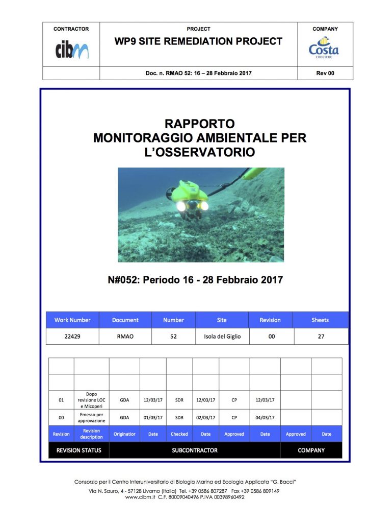 pulizia fondali relazione quindicinale gabbianara costa concordia isola del giglio giglionews