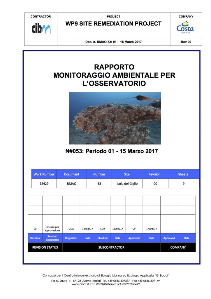 pulizia fondali relazione quindicinale gabbianara costa concordia isola del giglio giglionews