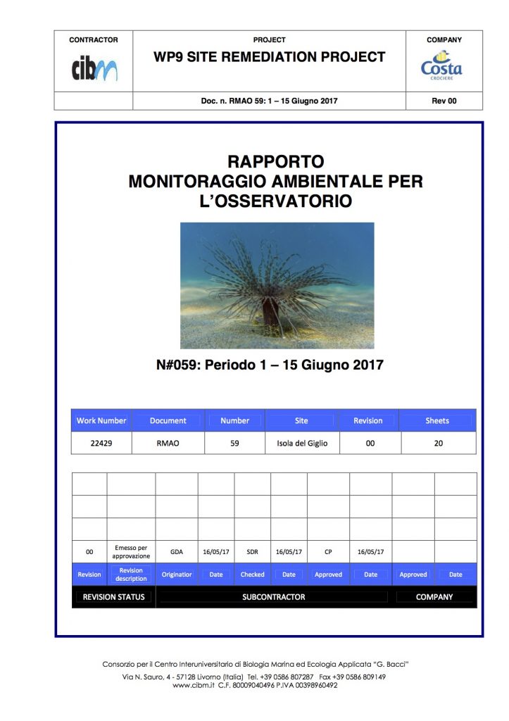 pulizia fondali relazione quindicinale gabbianara costa concordia isola del giglio giglionews