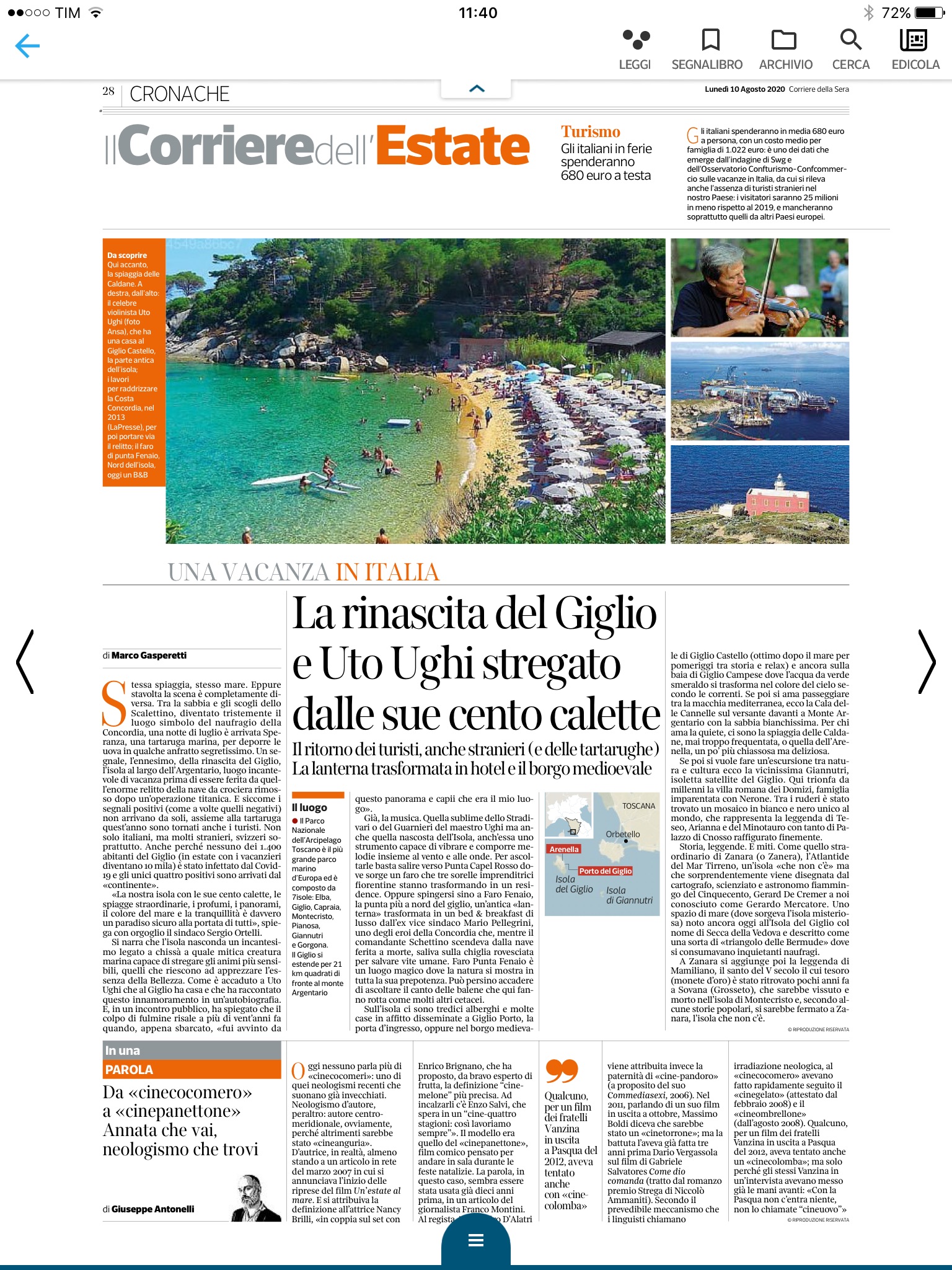 articolo corriere della sera turismo estate isola del giglio giglionews