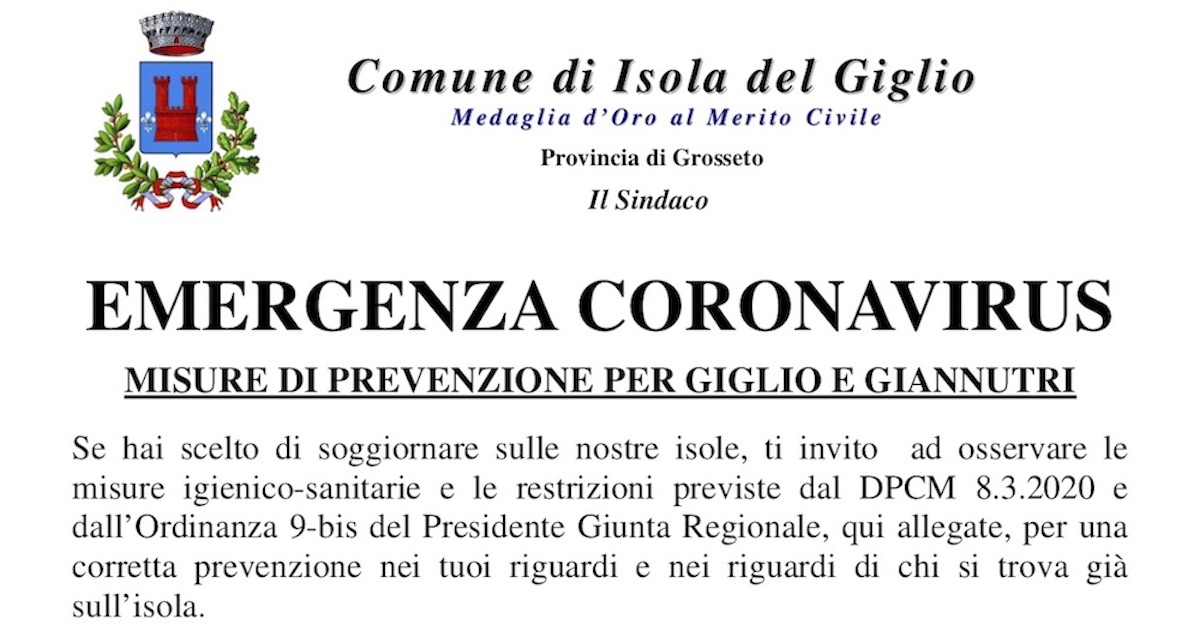 avviso emergenza coronavirus comune isola del giglio giglionews