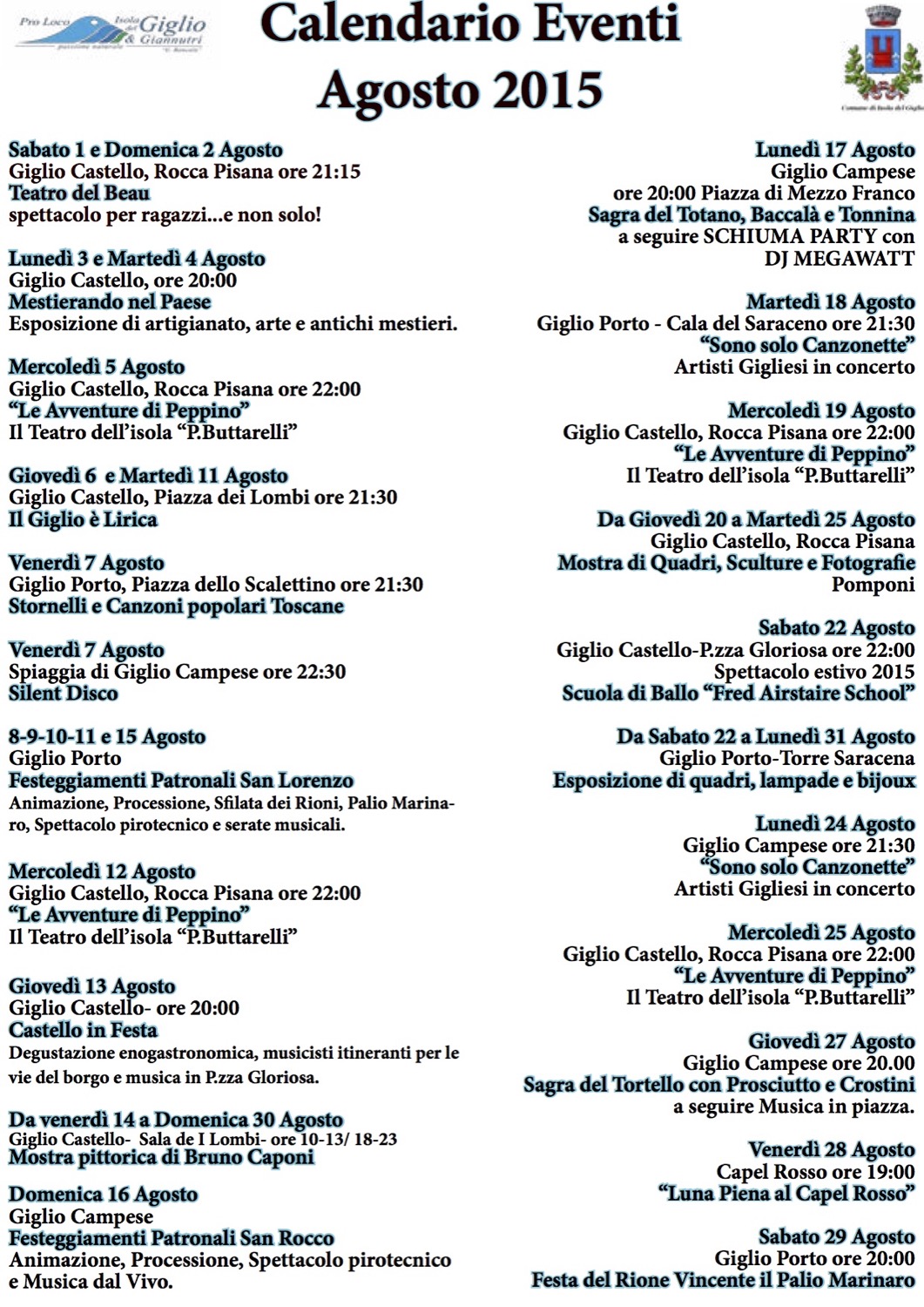 eventi agosto 2015 pro loco isola del giglio giglionews