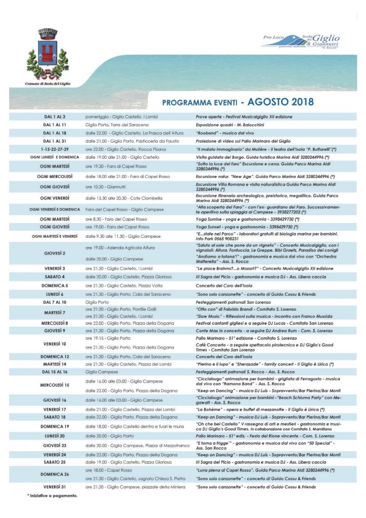 eventi agosto 2018 pro loco comune isola del giglio giglionews