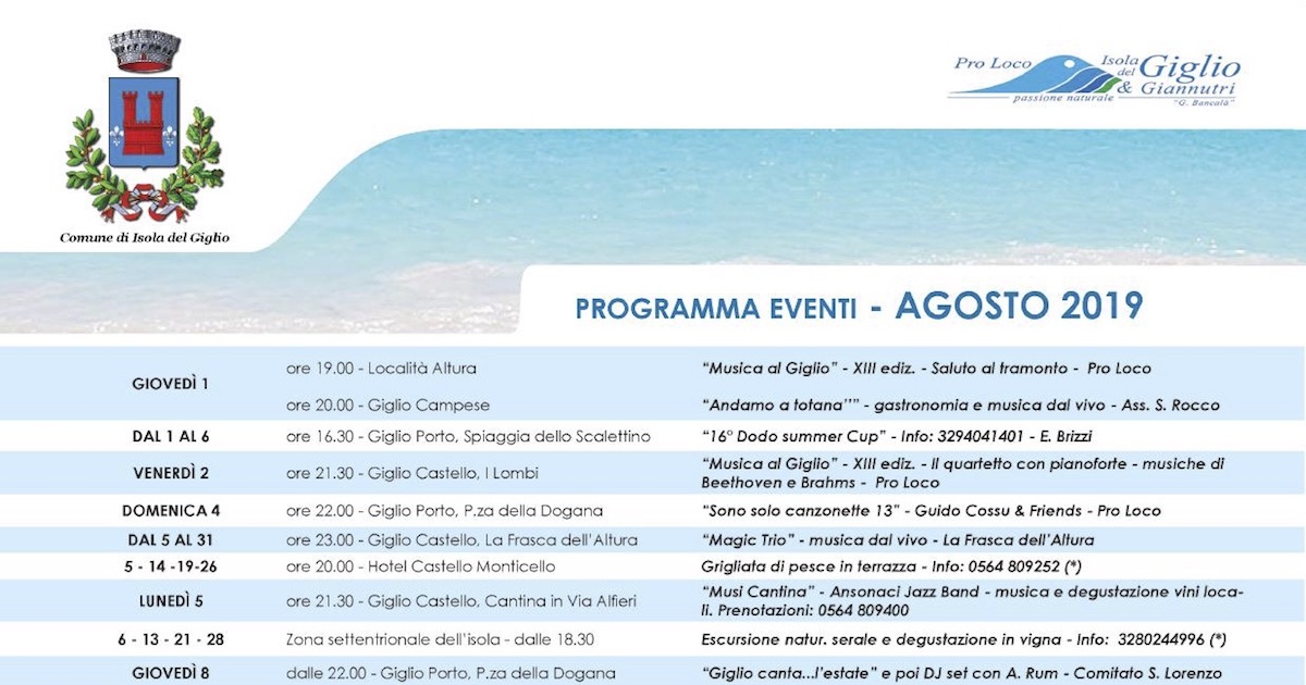 eventi agosto 2019 pro loco comune isola del giglio giglionews