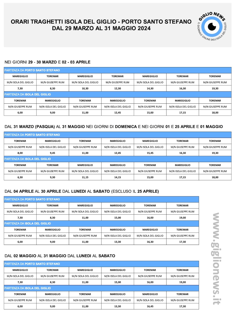 orari traghetti 2024 pasqua aprile maggio isola del giglio giglionews