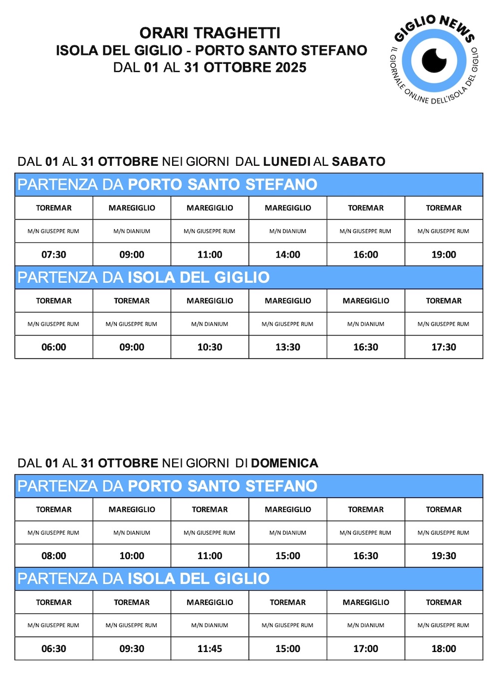 orario traghetti isola del giglio giglionews ottobre 2025
