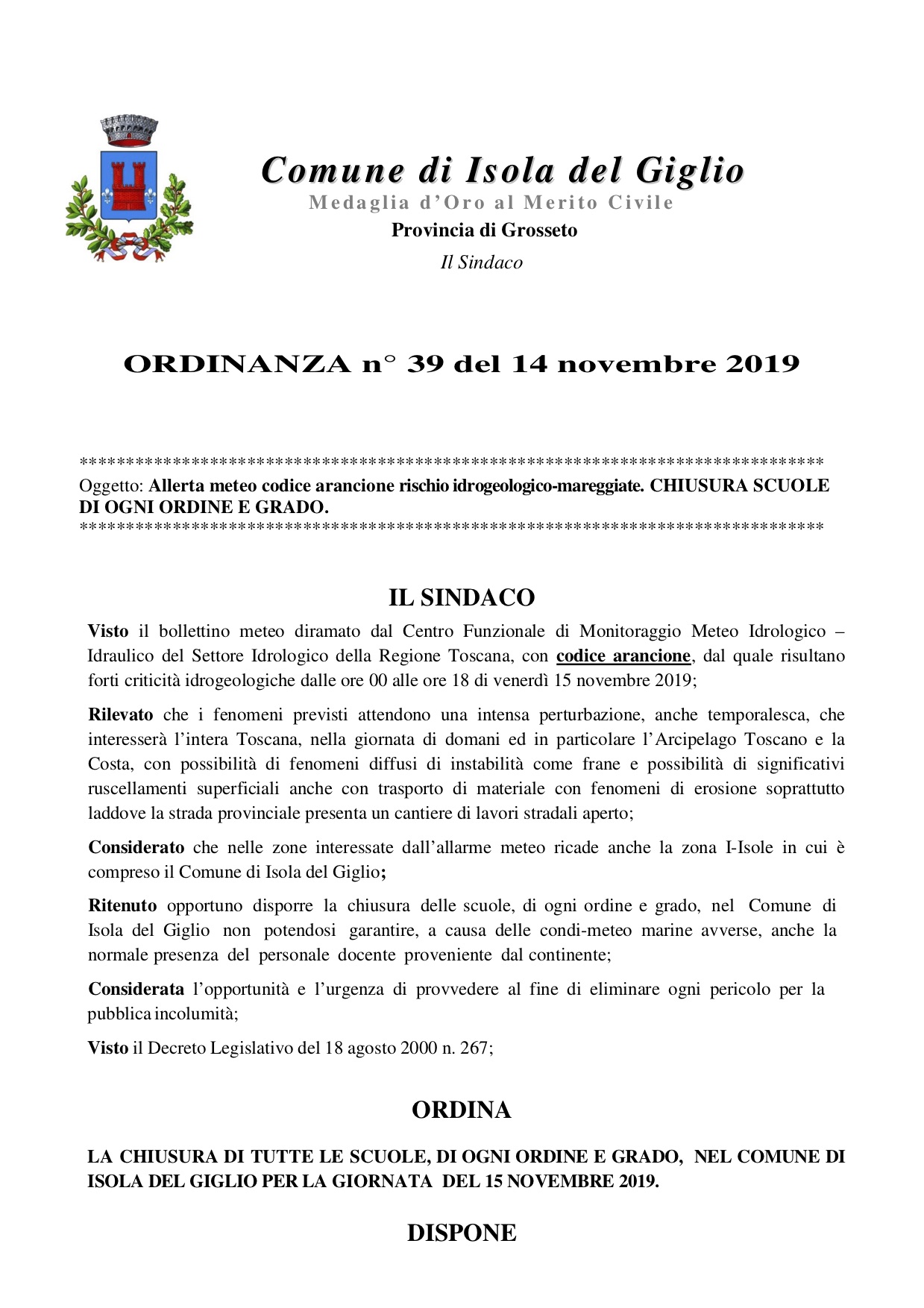 allerta meteo arancione isola del giglio giglionews