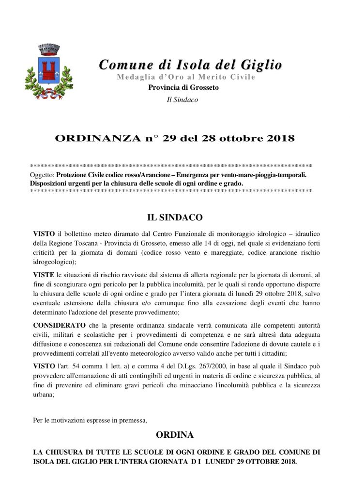 ordinanza sindaco chiusura scuole allerta meteo isola del giglio giglionews