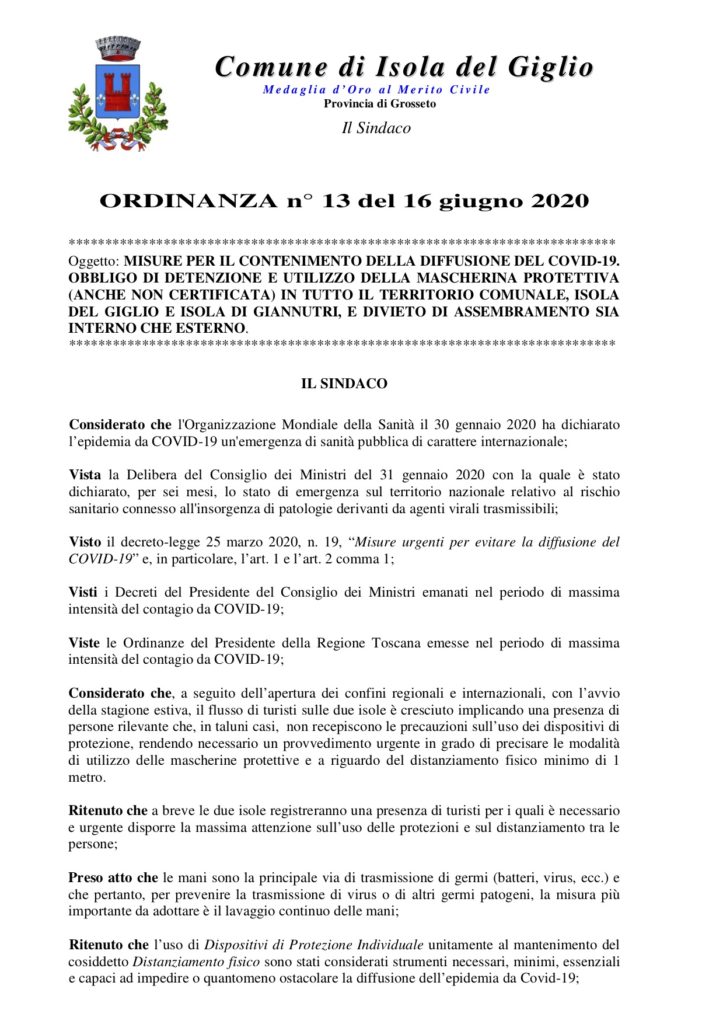 ordinanza obbligo mascherine comune isola del giglio giglionews