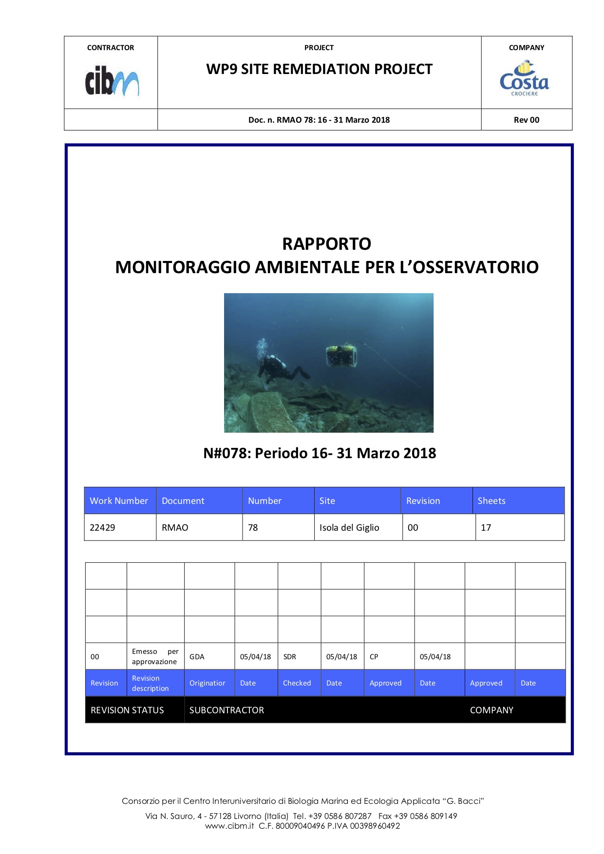 pulizia fondali relazione quindicinale gabbianara costa concordia isola del giglio giglionews